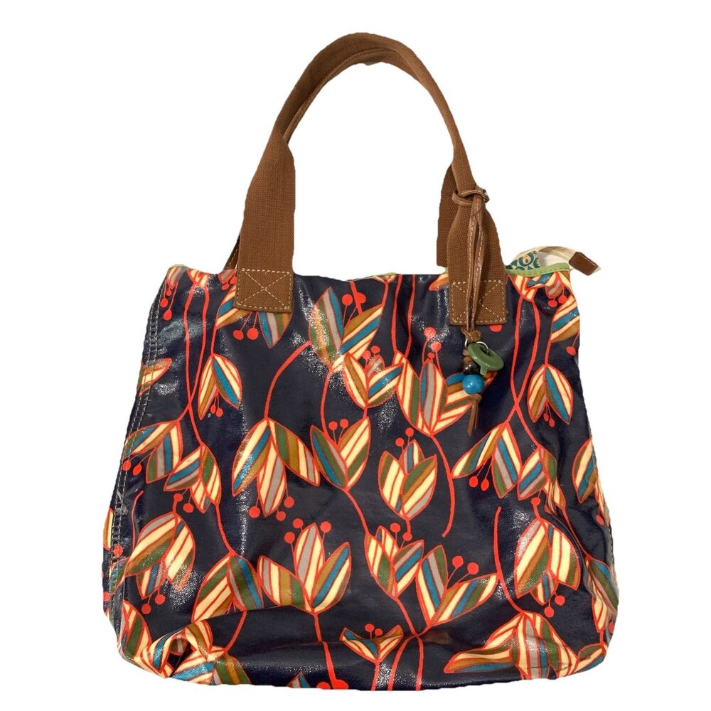 Vtg Fossil Key Per Tote Bag Purse Floral Circle Coated Canvas Navy Blue Y2K 90s